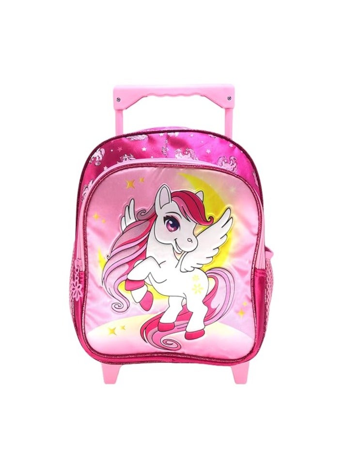 Girls unicorn trolley backpack features a vibrant, colorful design adorned with playful unicorn graphics. With sturdy wheels and a retractable handle, it’s perfect for easy transportation to school