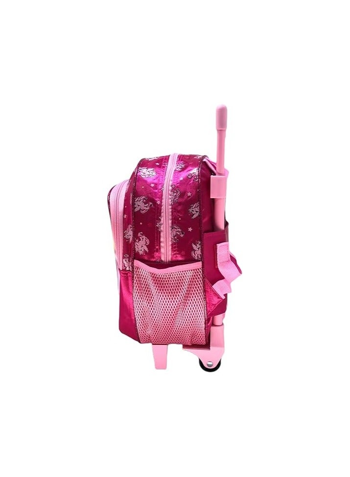 Girls unicorn trolley backpack features a vibrant, colorful design adorned with playful unicorn graphics. With sturdy wheels and a retractable handle, it’s perfect for easy transportation to school