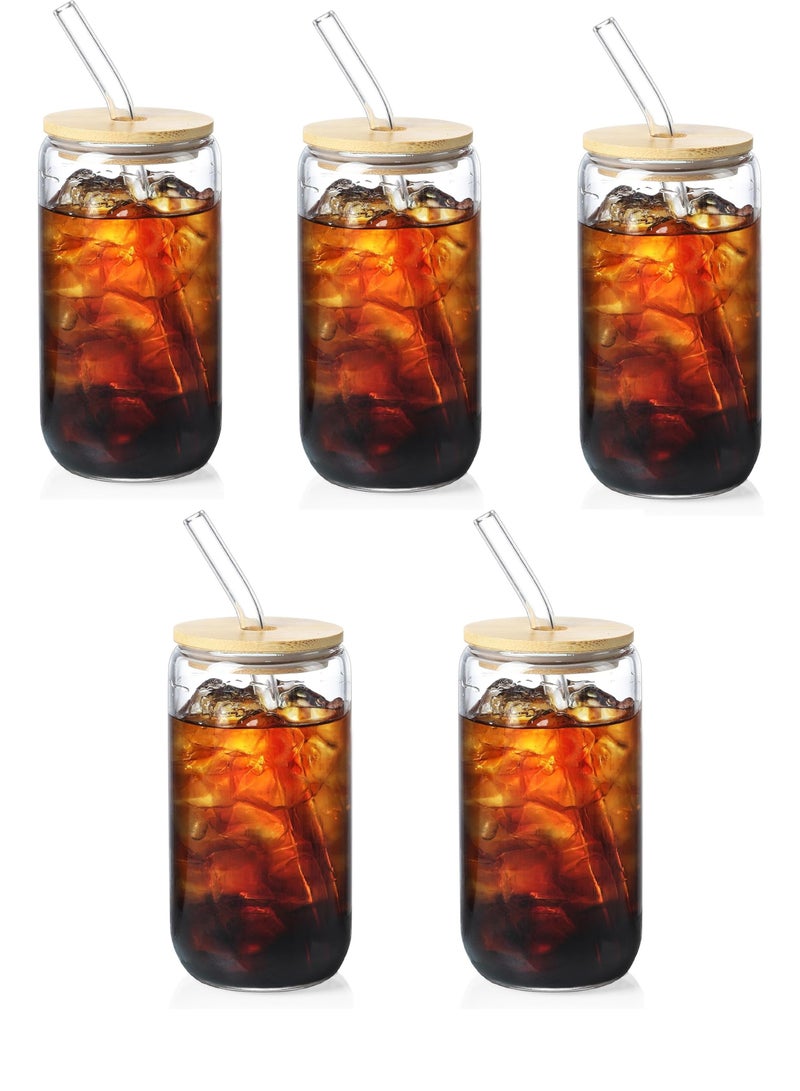 Drinking Glasses with Bamboo Lids and Glass Straw, 500ml Glass Cups, Tumbler Cup Ideal For Tea, Soda, Iced Coffee (5pc, 500ml)