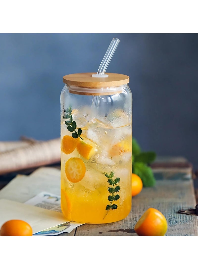 Drinking Glasses with Bamboo Lids and Glass Straw, 500ml Glass Cups, Tumbler Cup Ideal For Tea, Soda, Iced Coffee (3pc, 500ml)
