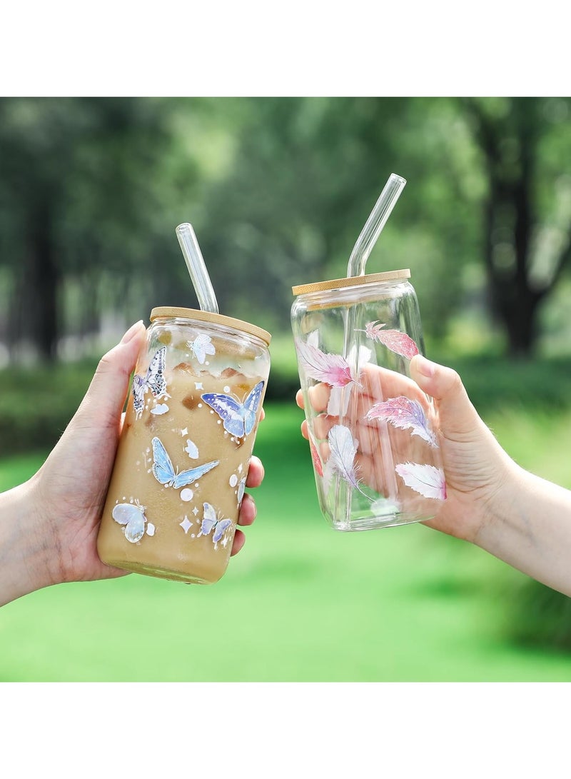 Drinking Glasses with Bamboo Lids and Glass Straw, 500ml Glass Cups, Tumbler Cup Ideal For Tea, Soda, Iced Coffee (3pc, 500ml)