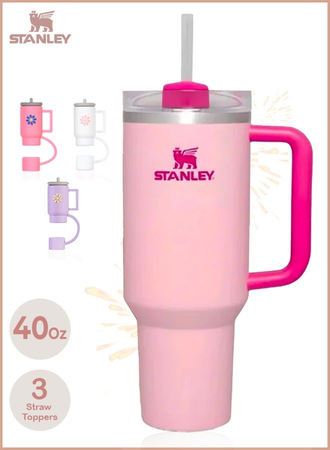 Stanley Quencher H2.0 Flow State 40oz Flamingo Pink Stainless Steel Vacuum Insulated Tumbler with Lid, 2 Straw and 3 Straw Stoppers for Water and Iced Tea, Cold Retention