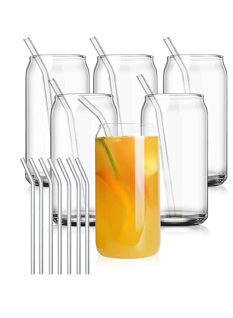 6 Pieces 16 oz Drinking Glasses with 7 Pcs Reusable Glass Straw Glass Cups Reusable Beer Can Glass for Pop Beer or Iced Coffee