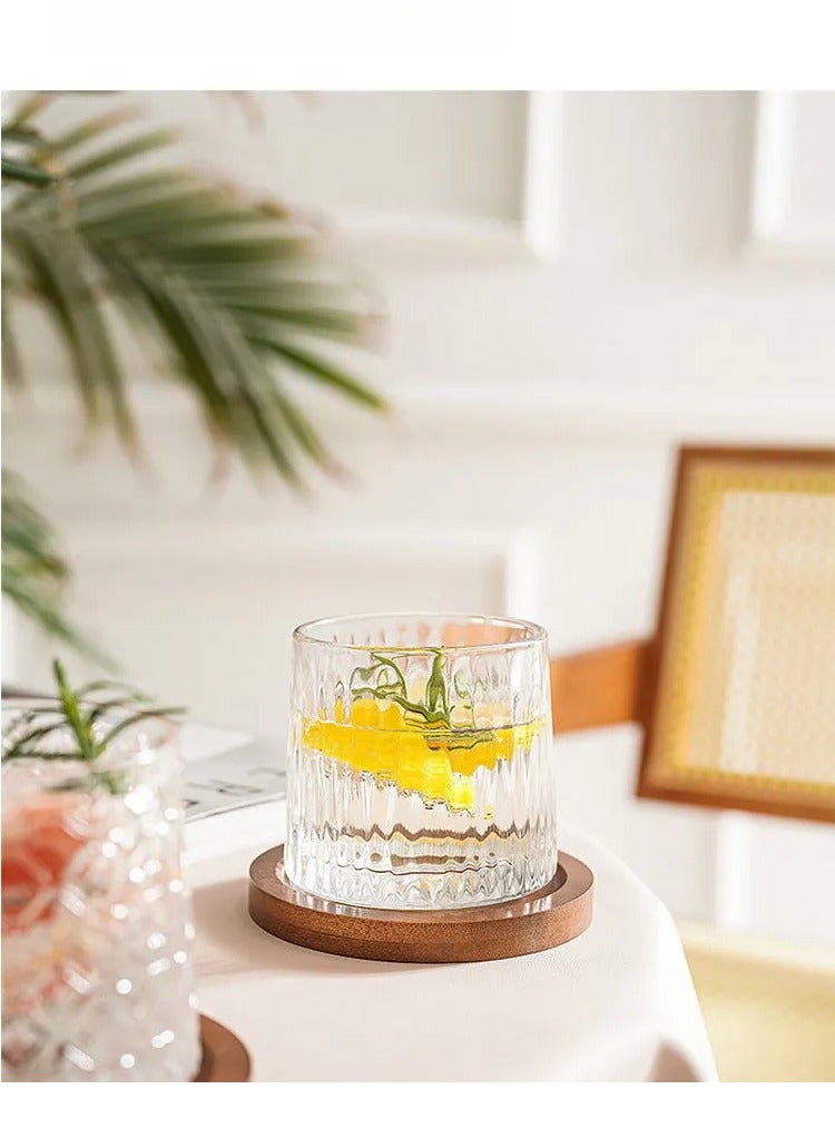 Glass with bamboo and wood base for water, juice, drinks, beer, etc., clear glacier pattern - 11x10x11 cm