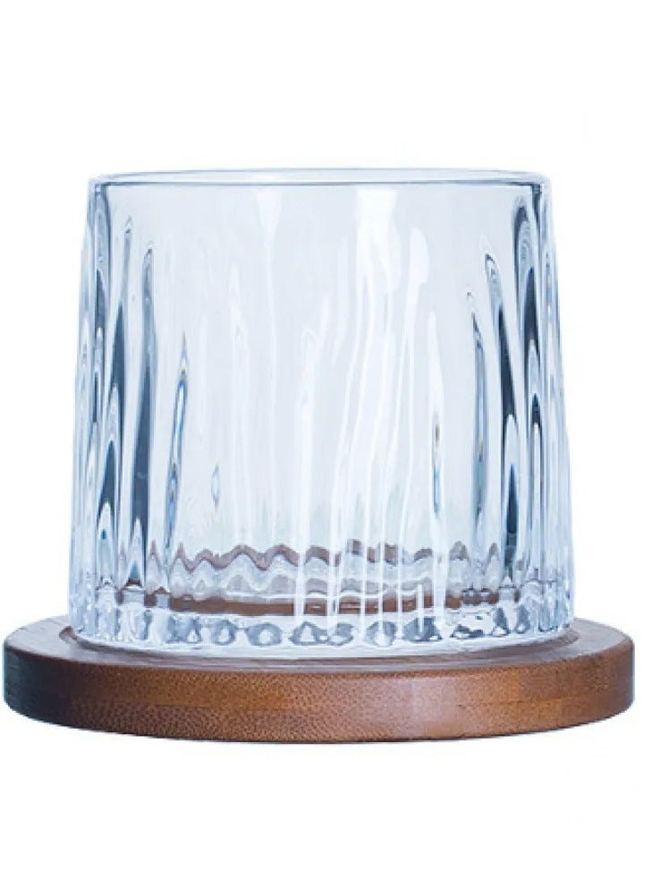 Glass with bamboo and wood base for water, juice, drinks, beer, etc., clear glacier pattern - 11x10x11 cm