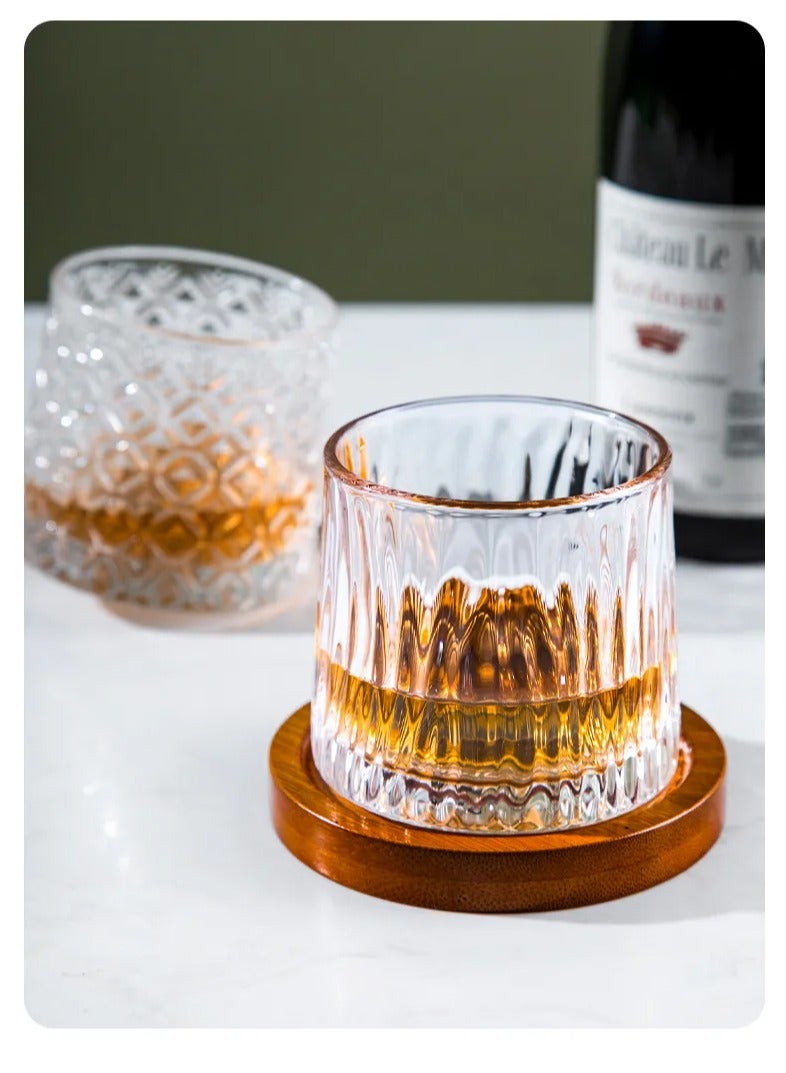 Glass with bamboo and wood base for water, juice, drinks, beer, etc., clear glacier pattern - 11x10x11 cm