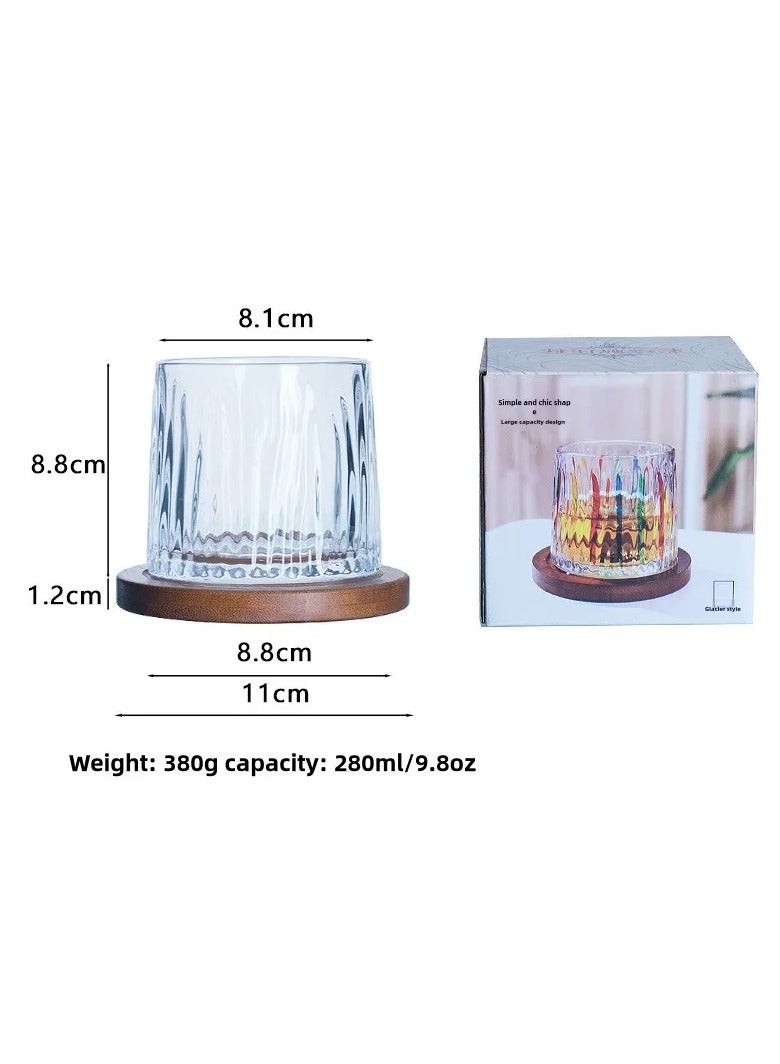 Glass with bamboo and wood base for water, juice, drinks, beer, etc., clear glacier pattern - 11x10x11 cm