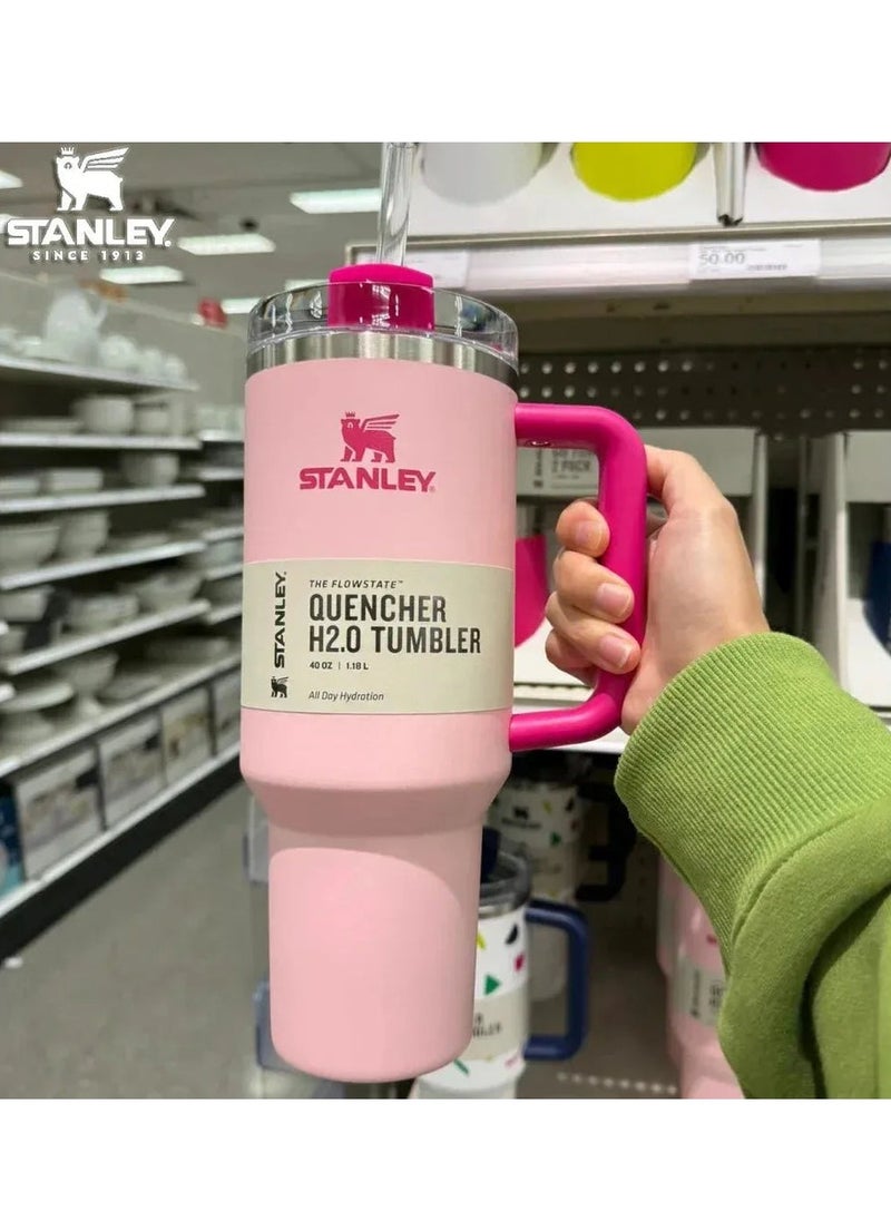 H2.0 Flow State Stainless Steel Tumbler with Handle and Straw Lid Insulated Reusable Cup for Water, Coffee, Smoothies & More, Travel Mug, Cupholder Friendly 30oz (Pink)