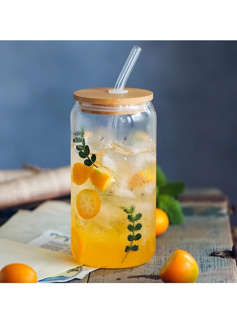 Drinking Glasses with Bamboo Lids and Glass Straw, 500ml Glass Cups, Tumbler Cup Ideal For Tea, Soda, Iced Coffee (10pc, 500ml)