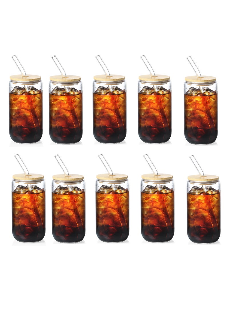 Drinking Glasses with Bamboo Lids and Glass Straw, 500ml Glass Cups, Tumbler Cup Ideal For Tea, Soda, Iced Coffee (10pc, 500ml)