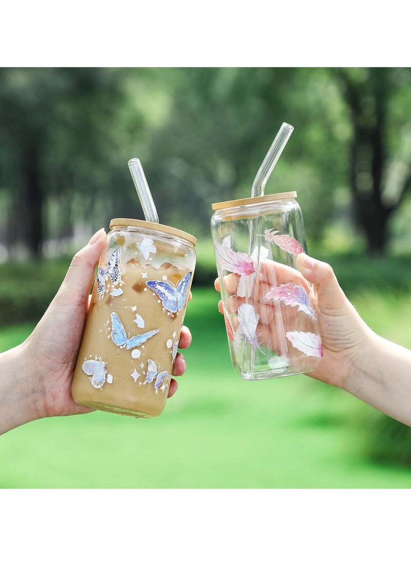 Drinking Glasses with Bamboo Lids and Glass Straw, 500ml Glass Cups, Tumbler Cup Ideal For Tea, Soda, Iced Coffee (9pc, 500ml)