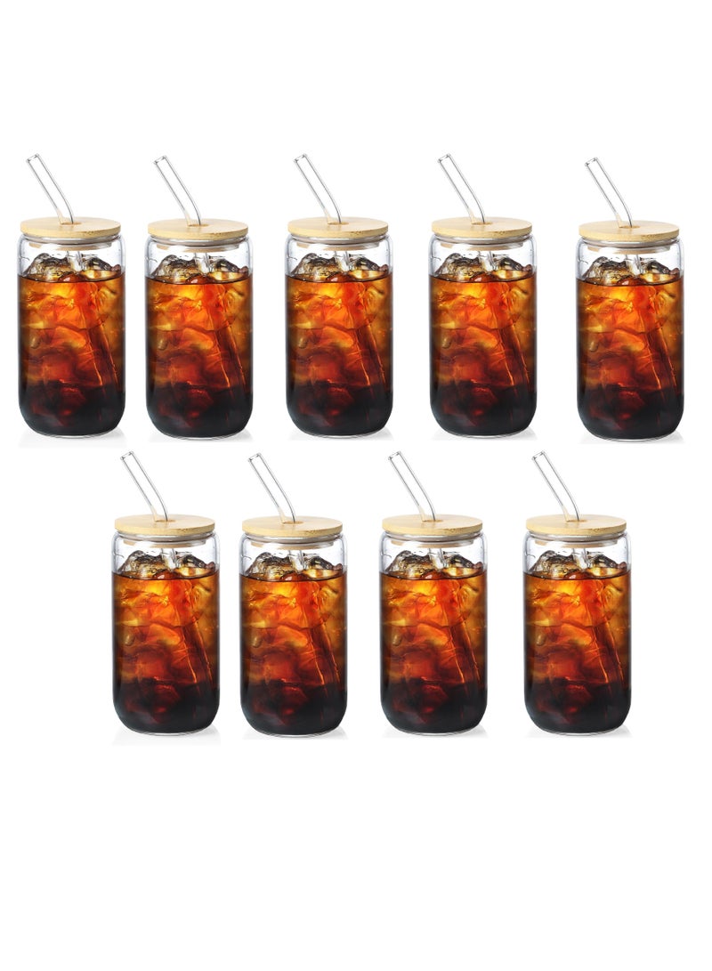 Drinking Glasses with Bamboo Lids and Glass Straw, 500ml Glass Cups, Tumbler Cup Ideal For Tea, Soda, Iced Coffee (9pc, 500ml)