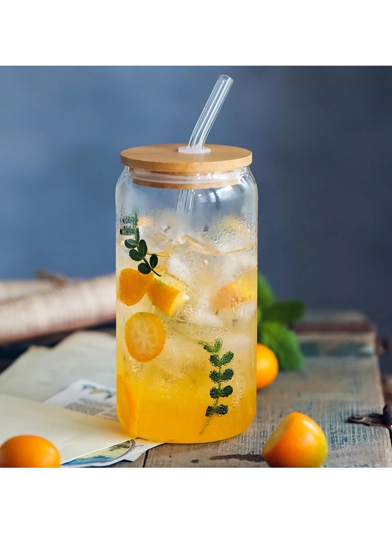 Drinking Glasses with Bamboo Lids and Glass Straw, 500ml Glass Cups, Tumbler Cup Ideal For Tea, Soda, Iced Coffee (9pc, 500ml)