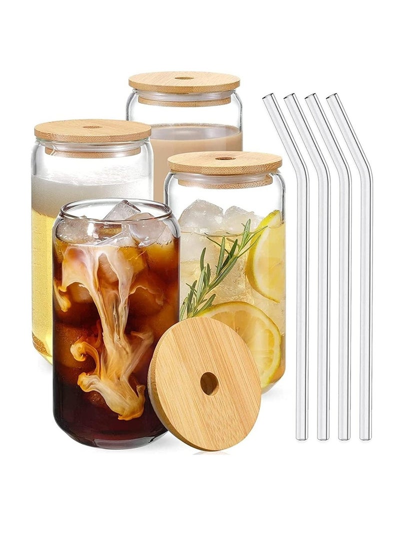 Drinking Glasses with Bamboo Lids and Glass Straw, 500ml Glass Cups, Tumbler Cup Ideal For Tea, Soda, Iced Coffee (4pc, 500ml)