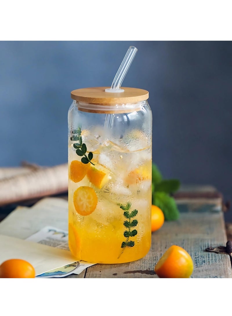 Drinking Glasses with Bamboo Lids and Glass Straw, 500ml Glass Cups, Tumbler Cup Ideal For Tea, Soda, Iced Coffee (4pc, 500ml)