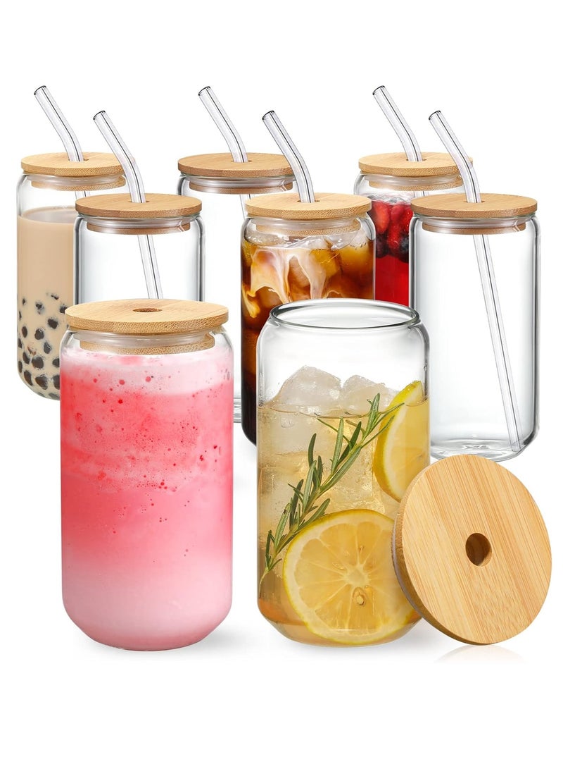 Drinking Glasses with Bamboo Lids and Glass Straw, 500ml Glass Cups, Tumbler Cup Ideal For Tea, Soda, Iced Coffee (8pc, 500ml)