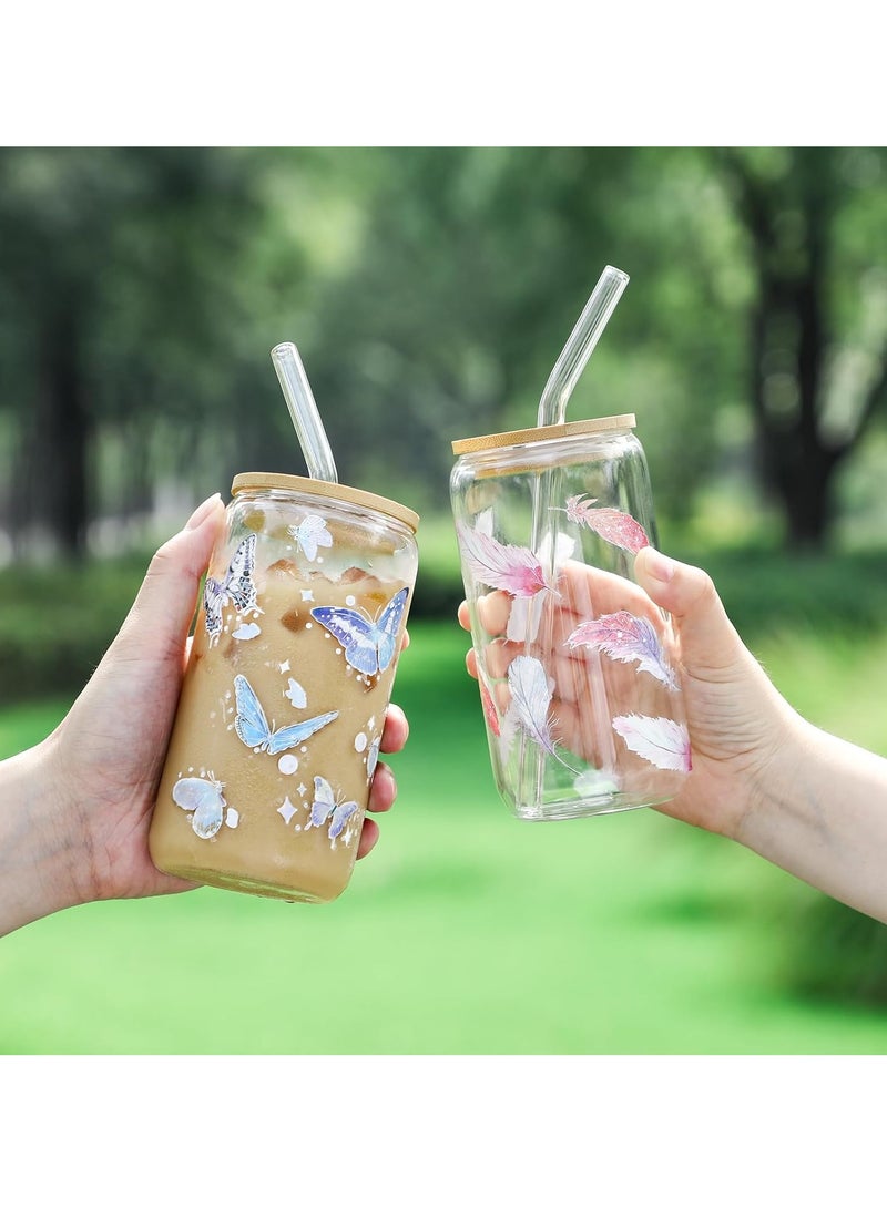 Drinking Glasses with Bamboo Lids and Glass Straw, 500ml Glass Cups, Tumbler Cup Ideal For Tea, Soda, Iced Coffee (8pc, 500ml)