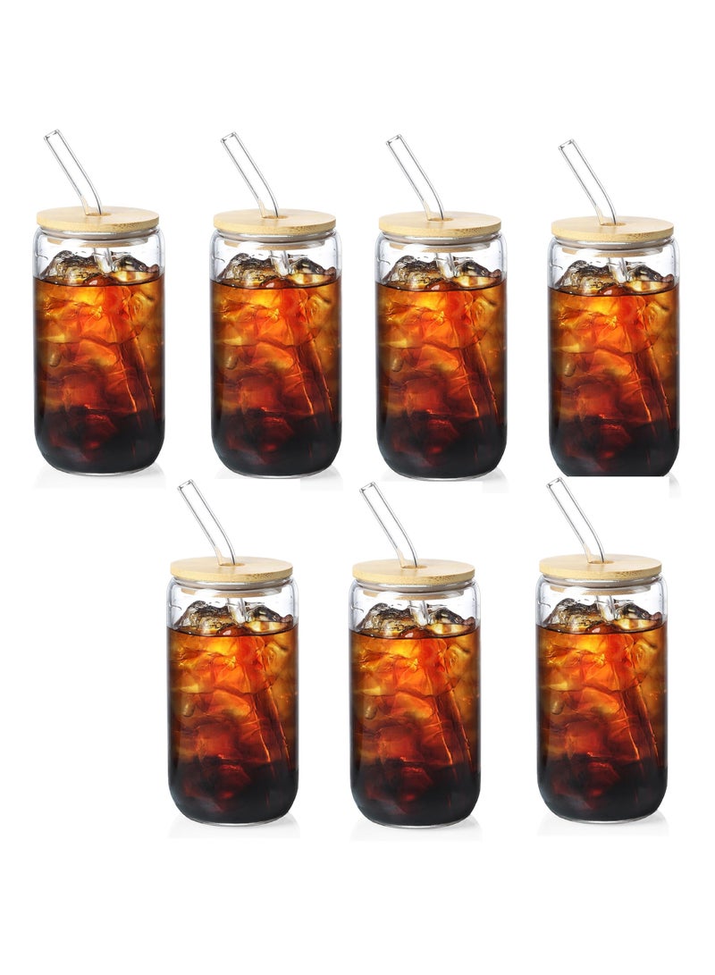 Drinking Glasses with Bamboo Lids and Glass Straw, 500ml Glass Cups, Tumbler Cup Ideal For Tea, Soda, Iced Coffee (7pc, 500ml)