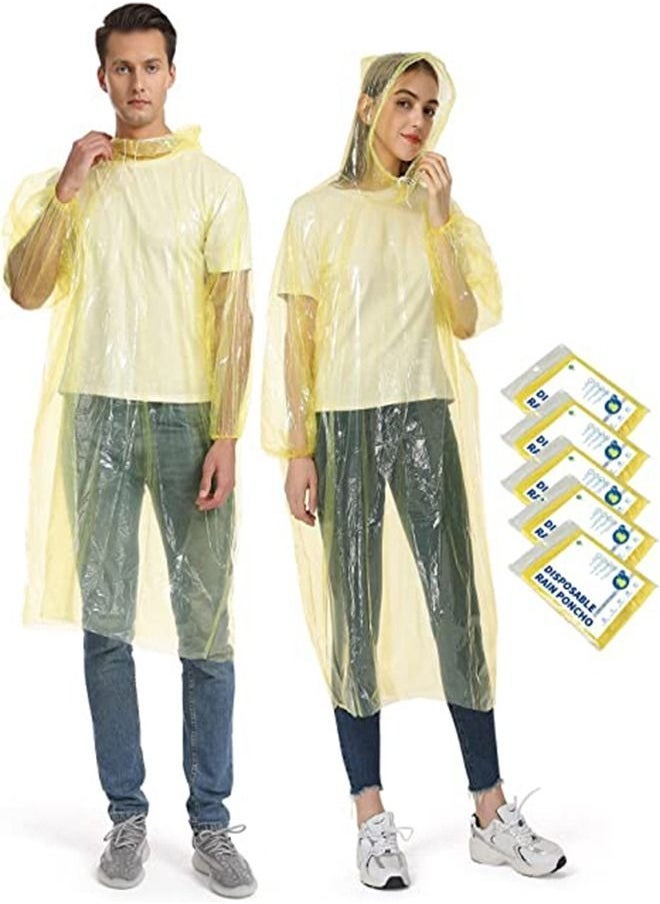 Disposable Rain Ponchos for Adult, 5Pcs Clear Rain Coat Jacket with Drawstring Hood and Elastic Sleeve for Women Men, for Travel Outdoor Amusement Park Hiking Emergency Disposable Poncho (Yellow)