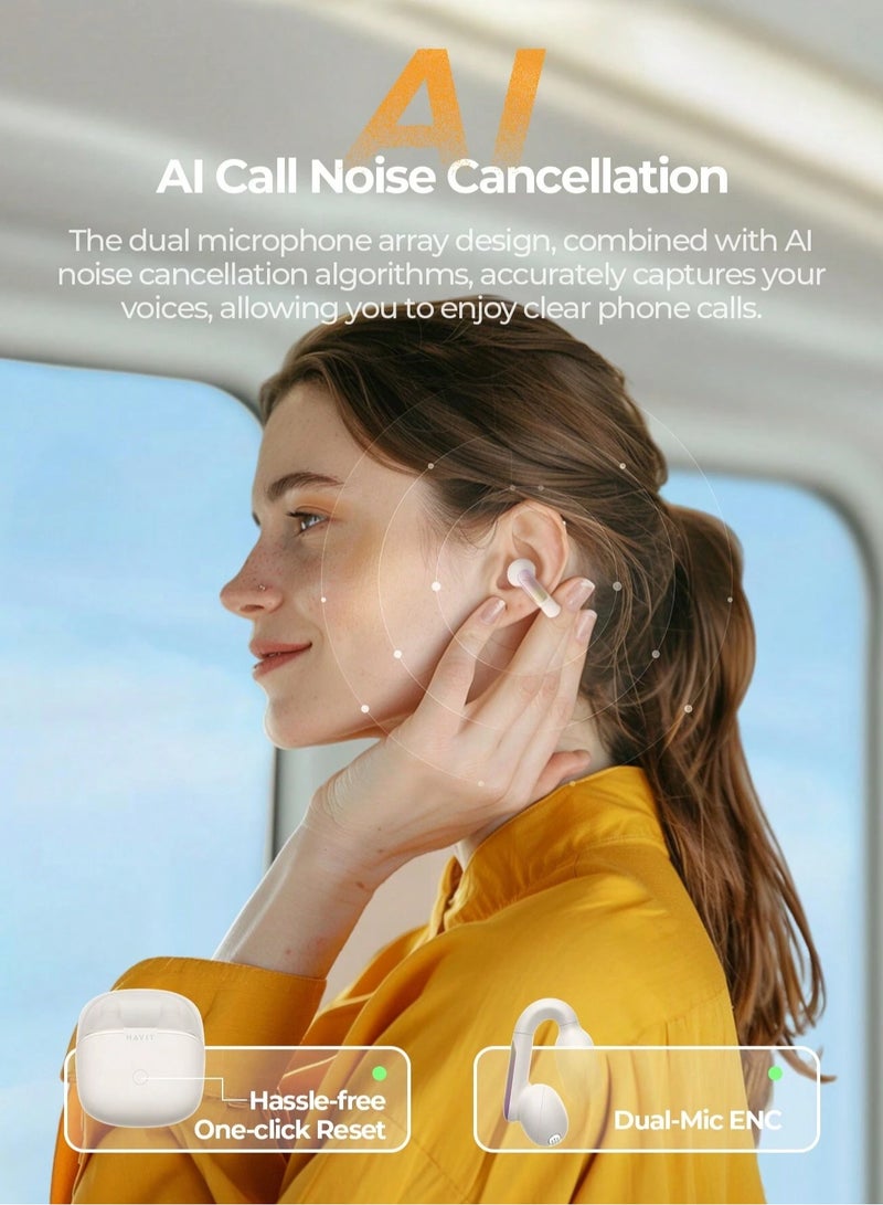 Open-Ear Clip Headphones with Bluetooth V5.3, Dual Microphones, and High-Quality Stereo Sound, AI Call Noise Cancellation for Clear Calls, Earbud and Ear Hook Design, IPX4 Waterproof Rating, 23 Hours of Playtime with Charging Case, Type-C Charging, and Smart touch controls- Beige