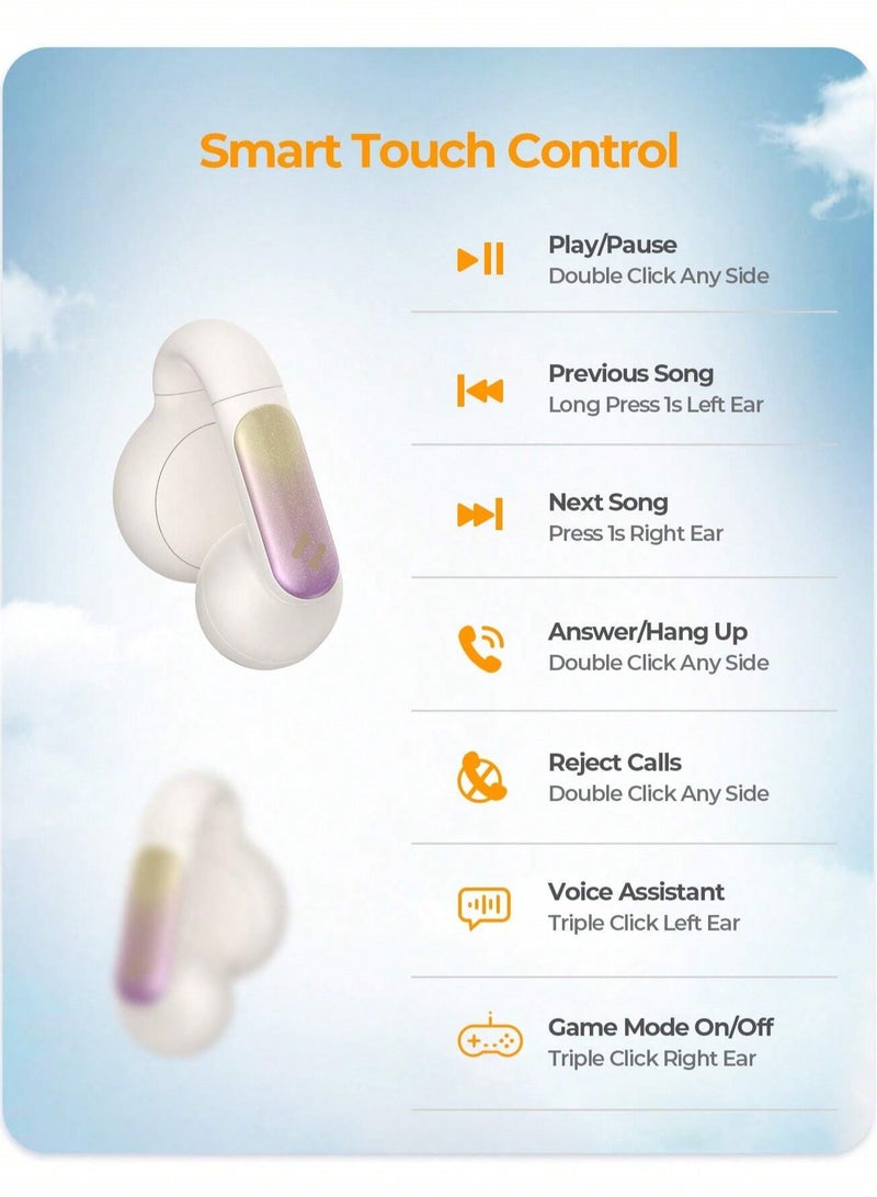 Open-Ear Clip Headphones with Bluetooth V5.3, Dual Microphones, and High-Quality Stereo Sound, AI Call Noise Cancellation for Clear Calls, Earbud and Ear Hook Design, IPX4 Waterproof Rating, 23 Hours of Playtime with Charging Case, Type-C Charging, and Smart touch controls- Beige