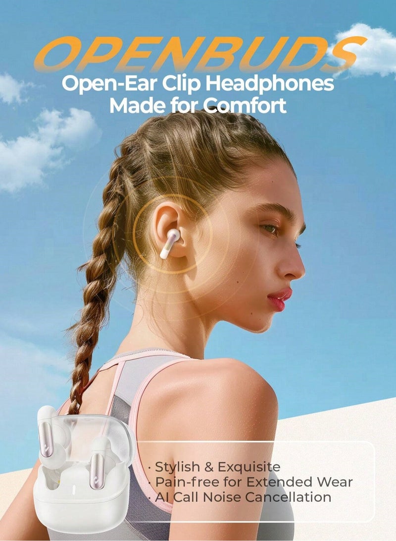 Open-Ear Clip Headphones with Bluetooth V5.3, Dual Microphones, and High-Quality Stereo Sound, AI Call Noise Cancellation for Clear Calls, Earbud and Ear Hook Design, IPX4 Waterproof Rating, 23 Hours of Playtime with Charging Case, Type-C Charging, and Smart touch controls- Beige
