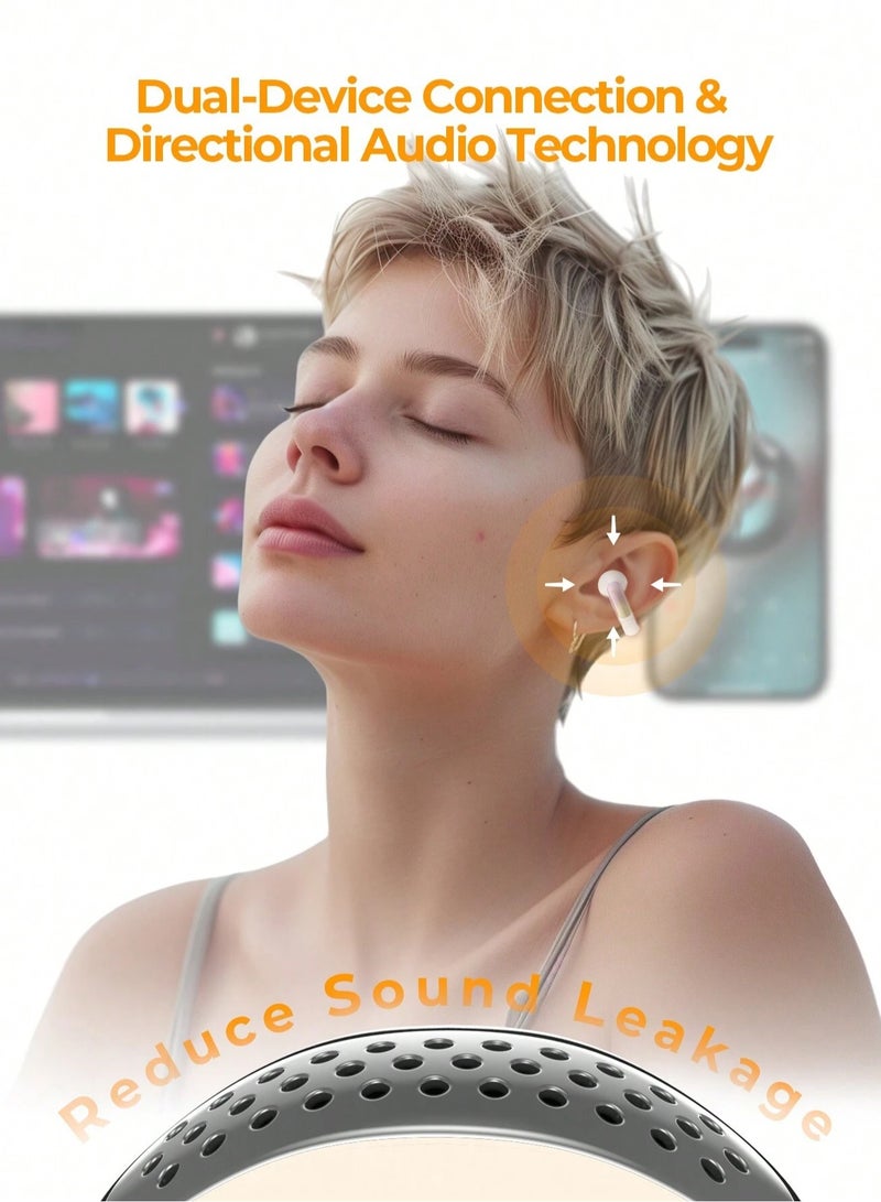 Open-Ear Clip Headphones with Bluetooth V5.3, Dual Microphones, and High-Quality Stereo Sound, AI Call Noise Cancellation for Clear Calls, Earbud and Ear Hook Design, IPX4 Waterproof Rating, 23 Hours of Playtime with Charging Case, Type-C Charging, and Smart touch controls- Beige