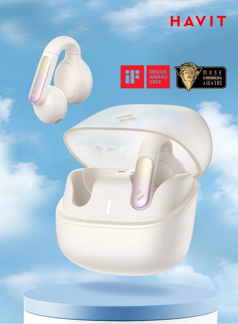 Open-Ear Clip Headphones with Bluetooth V5.3, Dual Microphones, and High-Quality Stereo Sound, AI Call Noise Cancellation for Clear Calls, Earbud and Ear Hook Design, IPX4 Waterproof Rating, 23 Hours of Playtime with Charging Case, Type-C Charging, and Smart touch controls- Beige