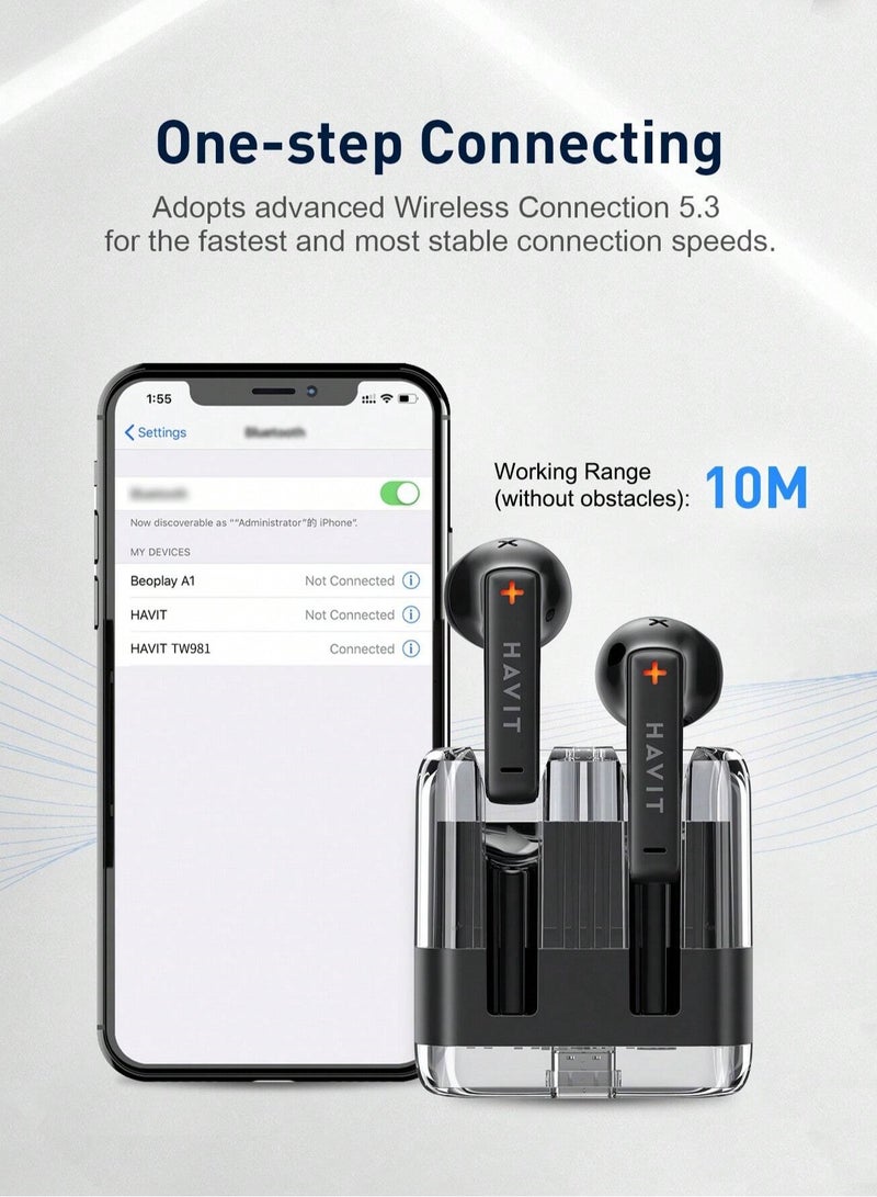 TWS Wireless Bluetooth 5.3 Earphones: Smart Touch Control, Transparent Design, and Immersive Stereo Sound. Enjoy Clear Audio for Up to 20 Hours Playtime. Lightweight & Comfortable Fit with Type-C Port. Perfect Gift for Music Lovers & Gamers, Compatible with iOS & Android- Black