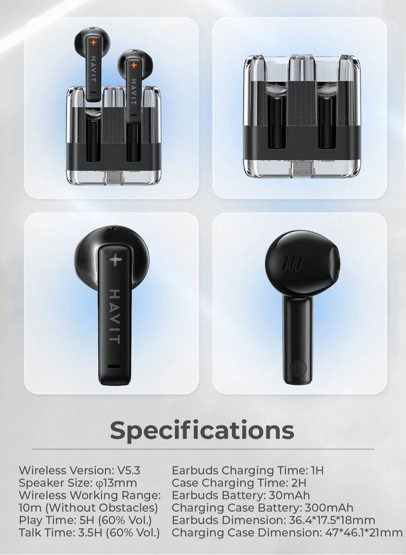 TWS Wireless Bluetooth 5.3 Earphones: Smart Touch Control, Transparent Design, and Immersive Stereo Sound. Enjoy Clear Audio for Up to 20 Hours Playtime. Lightweight & Comfortable Fit with Type-C Port. Perfect Gift for Music Lovers & Gamers, Compatible with iOS & Android- Black