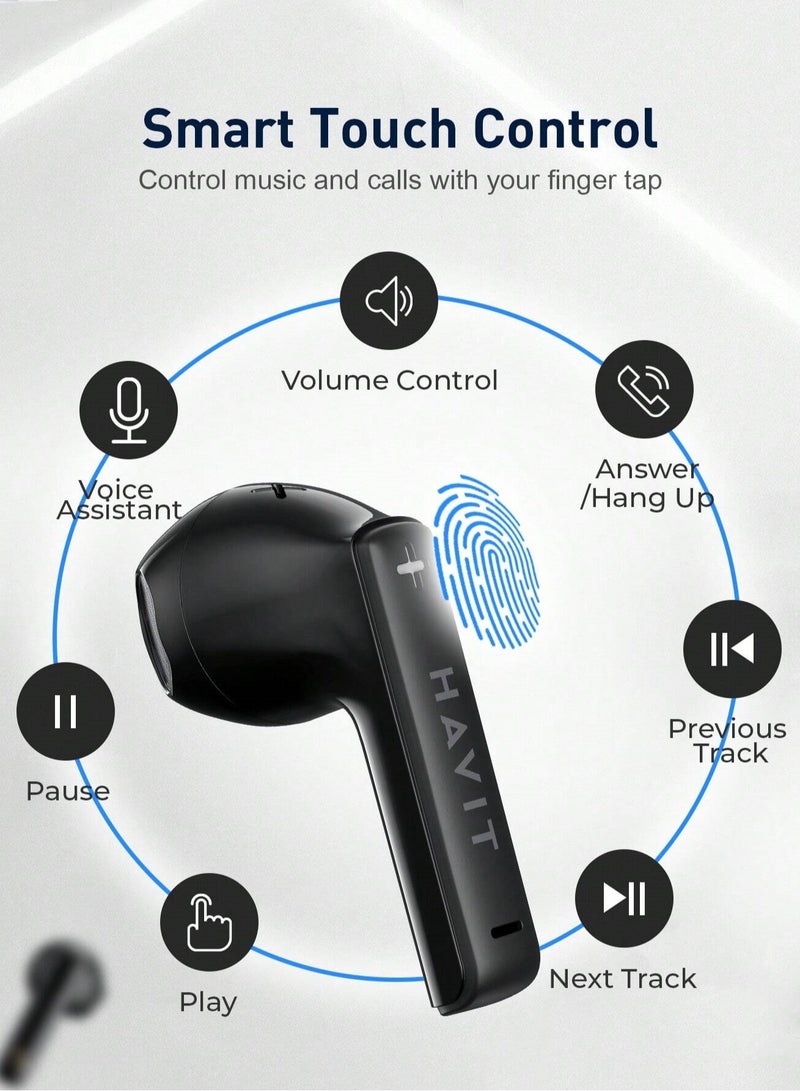 TWS Wireless Bluetooth 5.3 Earphones: Smart Touch Control, Transparent Design, and Immersive Stereo Sound. Enjoy Clear Audio for Up to 20 Hours Playtime. Lightweight & Comfortable Fit with Type-C Port. Perfect Gift for Music Lovers & Gamers, Compatible with iOS & Android- Black