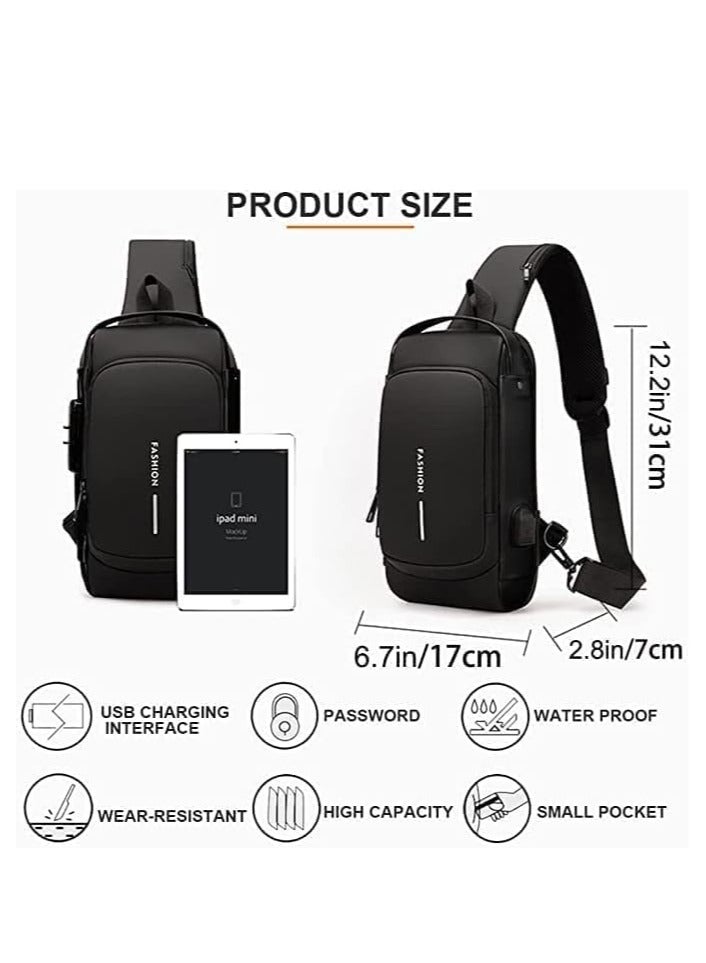 Crossbody Sling Bag Shoulder Backpack, Anti-theft Chest Waterproof Bag One Strap Sling Bags with USB Charging Port for Hiking Cycling Travelling Outdoor.  ( Black )