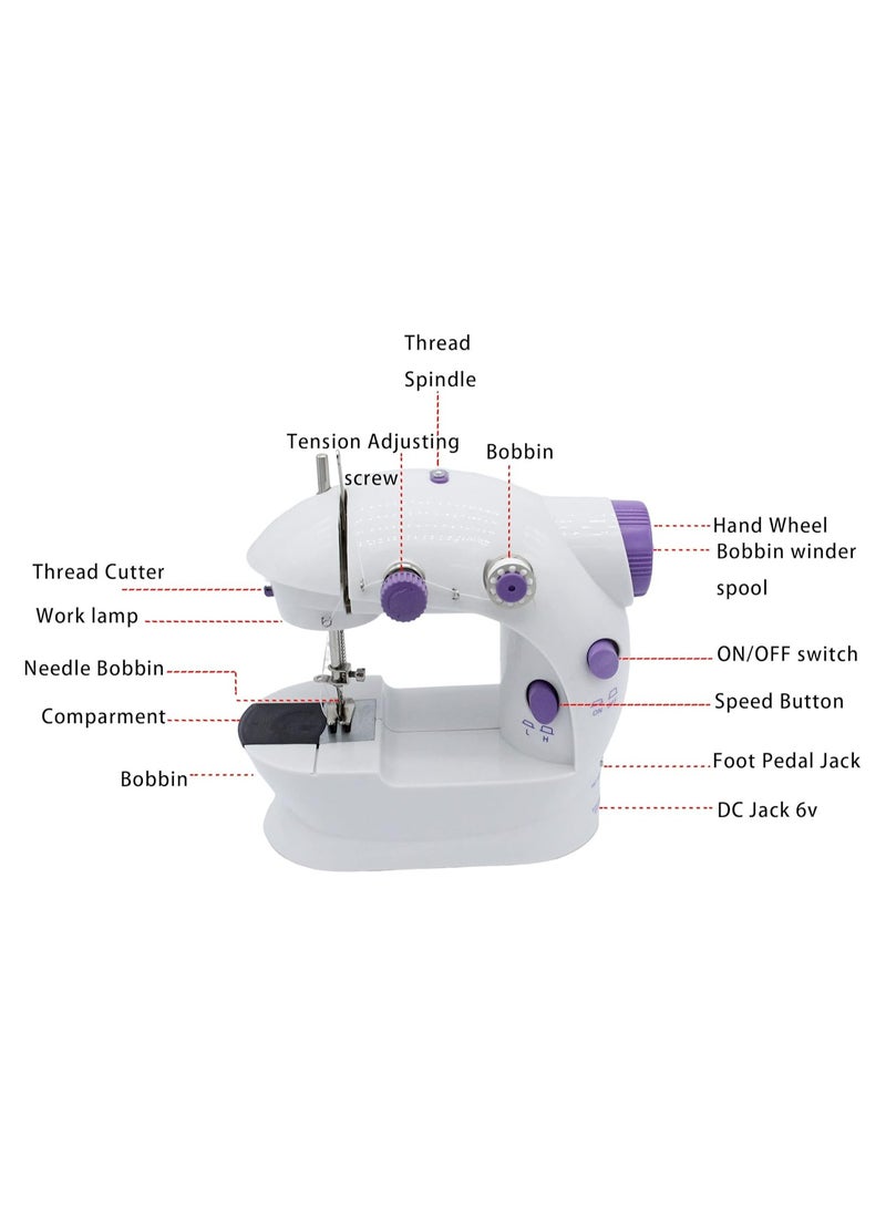 Mini Sewing Machine, Two-Speed Portable Sewing Machine with Thread Box, Extension Table & LED Light, Compact Sewing Kit for Beginners & Kids, Easy to Use for Home Crafting, Purple