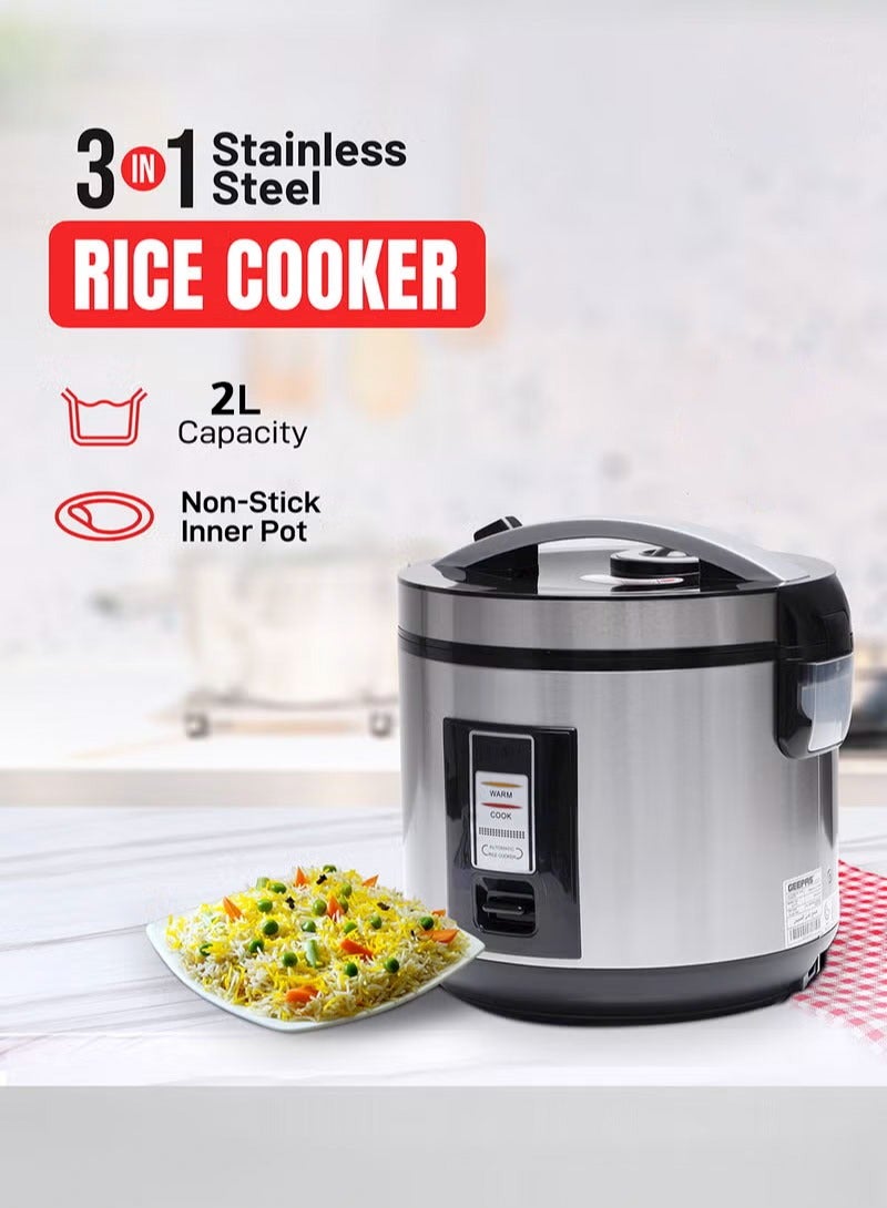 Rice Cooker 2 L Durable Construction| Removable Non-Stick Pot, Cool Touch Handle| Includes Cook, Warm Functions, Plastic Steamer| Perfect for Vegetables, Soups, Sauces etc