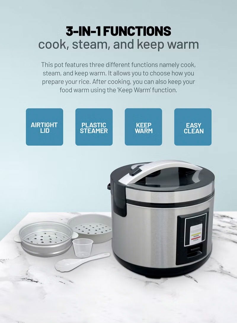 Rice Cooker 2 L Durable Construction| Removable Non-Stick Pot, Cool Touch Handle| Includes Cook, Warm Functions, Plastic Steamer| Perfect for Vegetables, Soups, Sauces etc