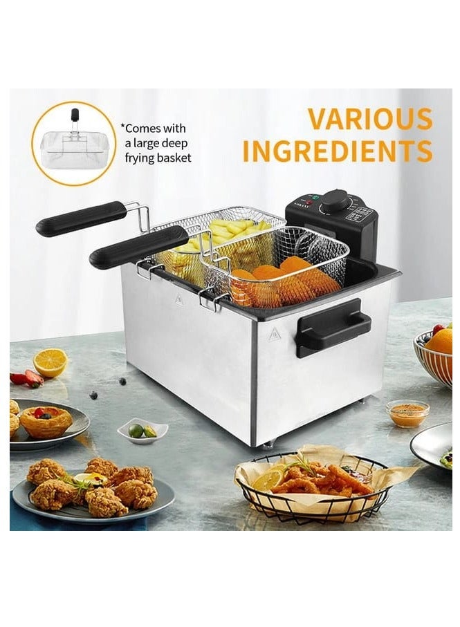 5L Deep Fryer Stainless Steel, Temperature Control with Viewing Window, Anti-Scalding Handle, Stainless Steel Lid, Large Capacity Electric Fryer for Home Kitchen and Business