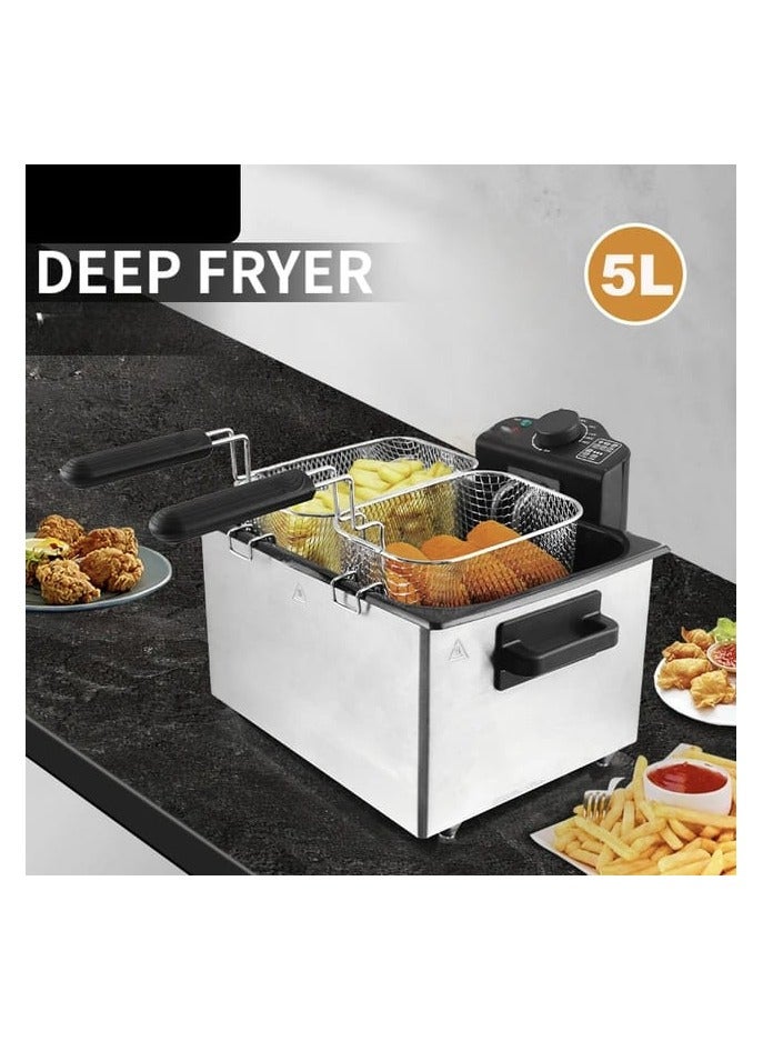 5L Deep Fryer Stainless Steel, Temperature Control with Viewing Window, Anti-Scalding Handle, Stainless Steel Lid, Large Capacity Electric Fryer for Home Kitchen and Business