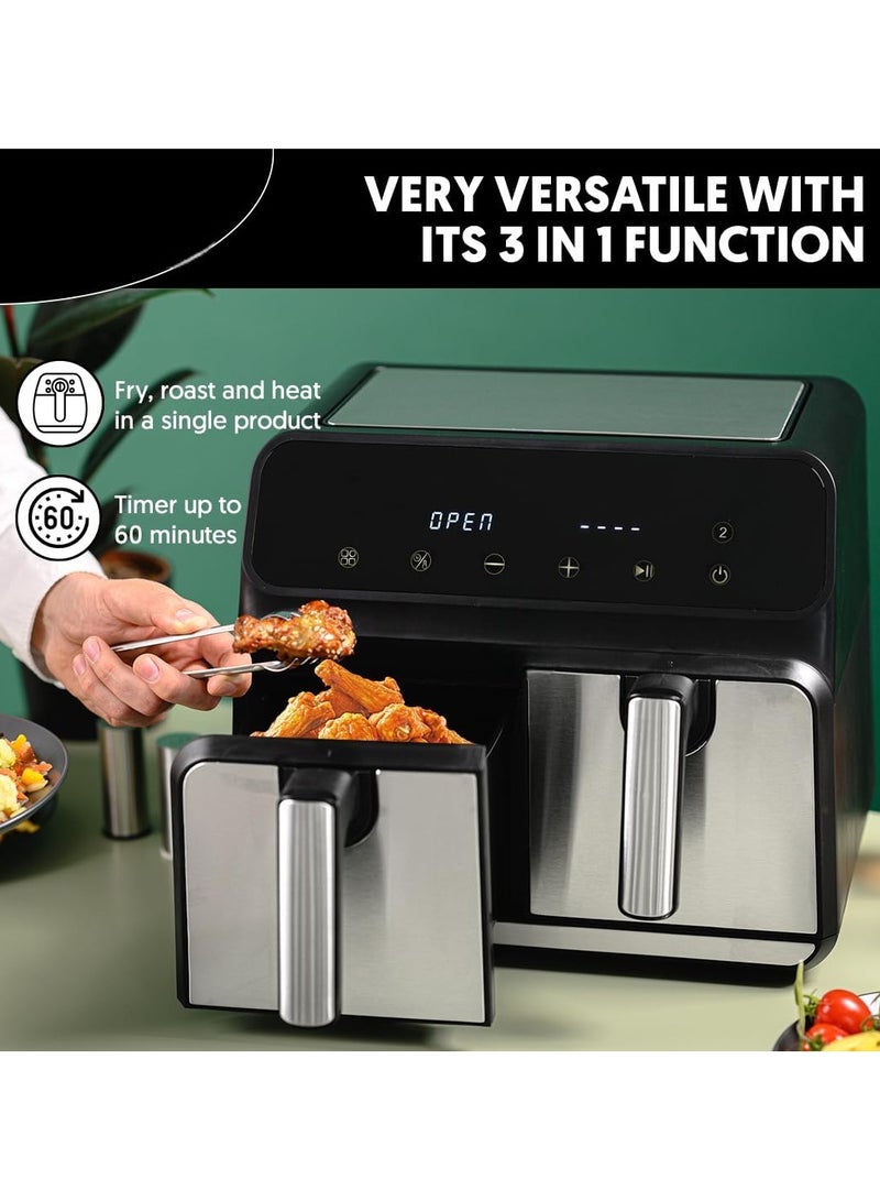 8L Oil-Free Hot Air Fryer, 1700W Dual Basket Fryer with 10 Cooking Programs, Digital Timer & Non-Stick Grates – Healthy Cooking Made Easy