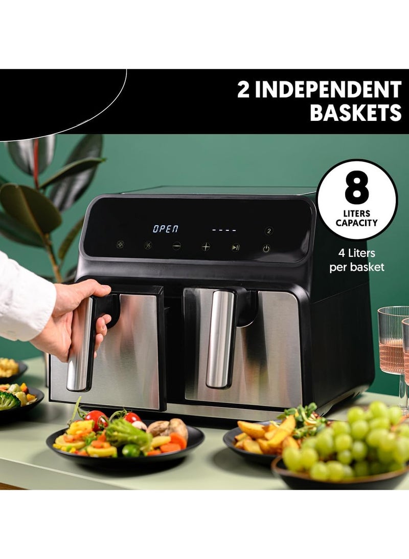 8L Oil-Free Hot Air Fryer, 1700W Dual Basket Fryer with 10 Cooking Programs, Digital Timer & Non-Stick Grates – Healthy Cooking Made Easy