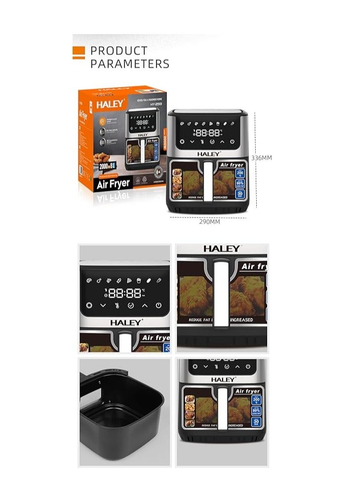 Wtrtr HALEY Air Fryer 8L with Window, 2000W stainless steel air fryer oven led touch screen oilless, ptfe free, dishwasher safe,2 Years Warranty (8L)