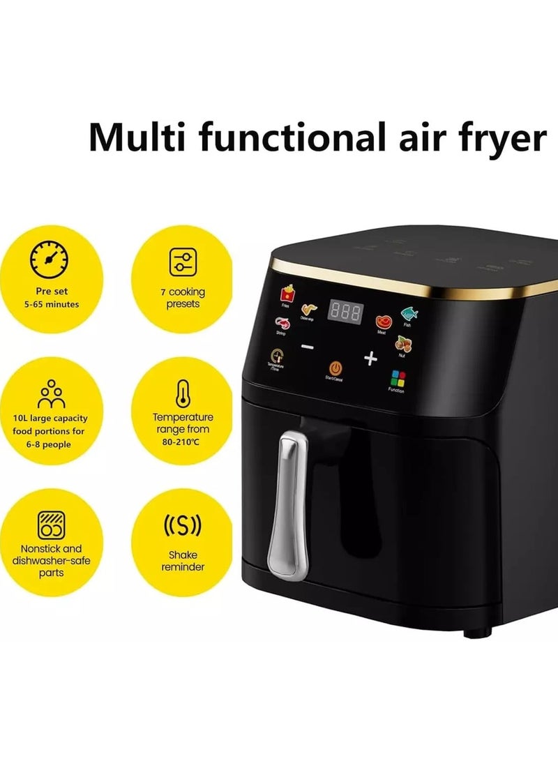 Multifunctional Air Fryer 10L, 1600W with Preset Functions, Temperature Control, Dishwasher Safe, Oil-Free Cooking, Black Air Fryer for Frying, Baking, Roasting, and Grilling