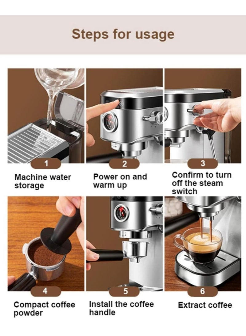 Stainless Steel Italian Espresso Coffee Maker with Milk Frother, 1L Water Tank, Powerful Steam, 92°C Consistent Temperature, Visual Pressure Gauge - Home Barista Machine