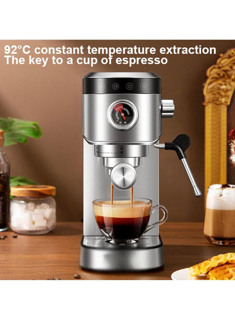 Stainless Steel Italian Espresso Coffee Maker with Milk Frother, 1L Water Tank, Powerful Steam, 92°C Consistent Temperature, Visual Pressure Gauge - Home Barista Machine