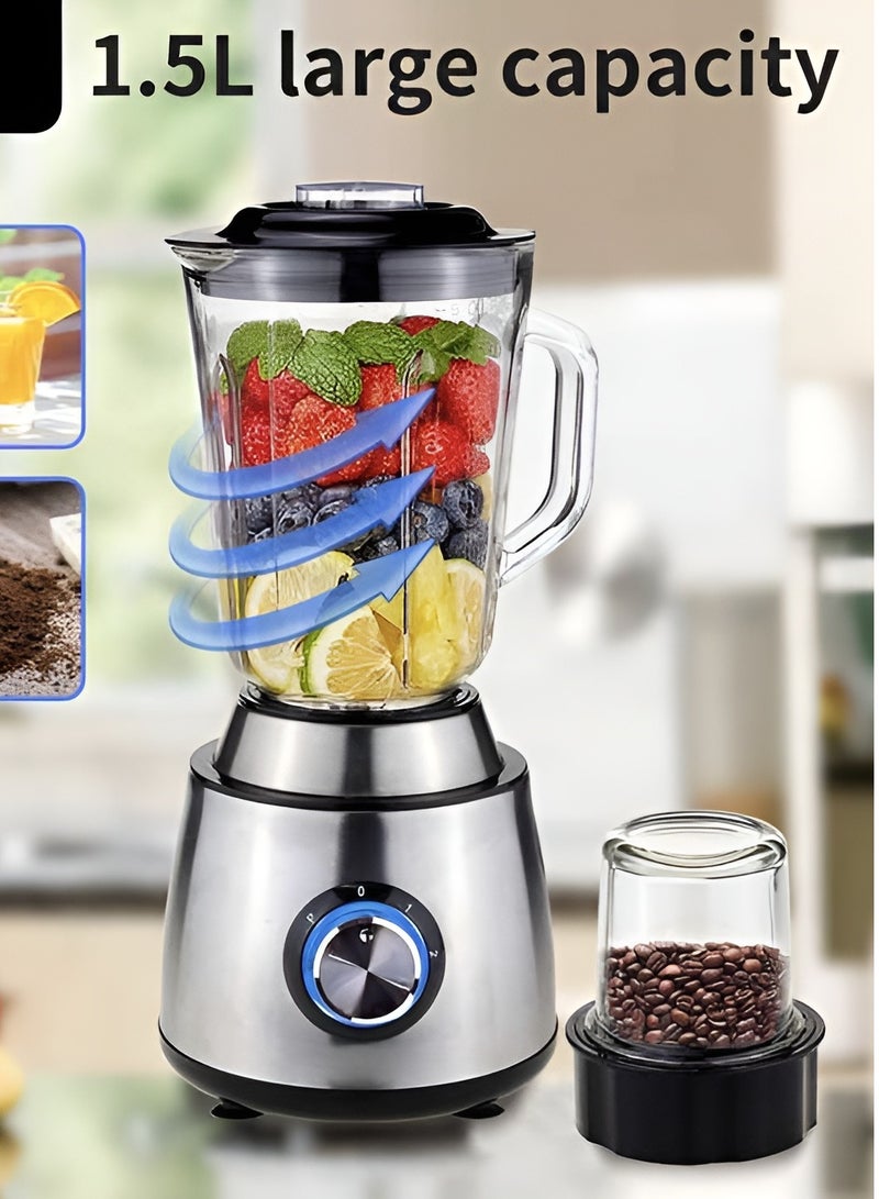 2 in 1 Juicer Blender with 800W Stainless Steel, 1500ml Capacity, High-Power Juice Extractor, Coffee Grinder & Smoothie Maker for Fruits and Vegetables