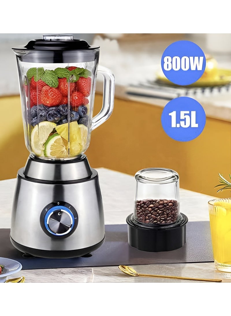 2 in 1 Coffee Grinder & Juicer Blender, 800W Stainless Steel, 1500ml Capacity, High-Power Multifunctional Blender for Grinding Coffee Beans, Juicing Fruits and Vegetables