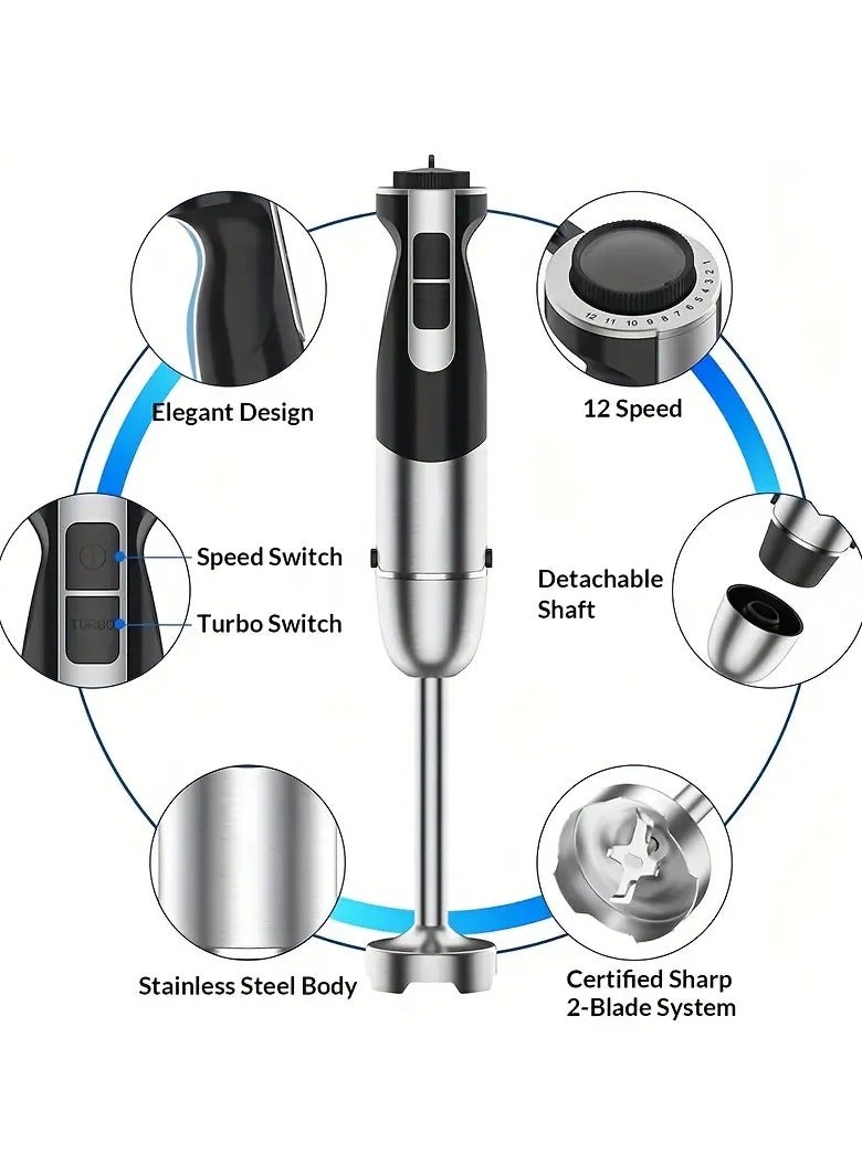 Stainless Steel Stick Blender - 500W Powerful,Speeds, Low Noise, Turbo Mode - Includes , Milk Frother, Egg Whisk, Hang-up Loop for Easy Mounting, BPA-Free,