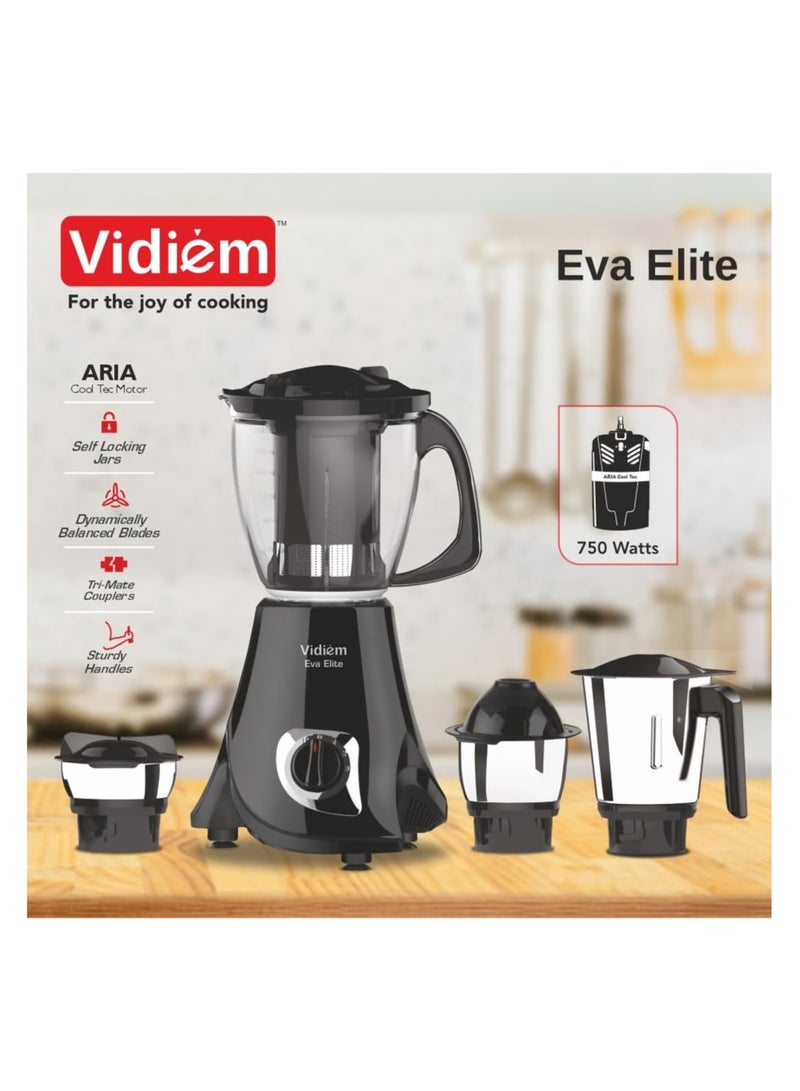 Vidiem Eva Elite mixer grinder 710 A (Black), mixer grinder 750 watt with 1 juicer and three leakproof jars with self-lock