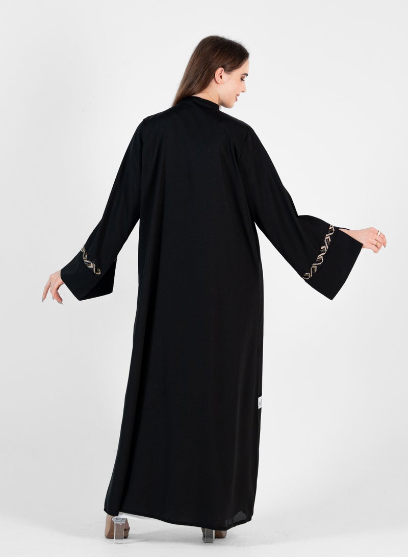 Elegant Black Abaya with Gold Embroidery  Design & High Neck- Open Side