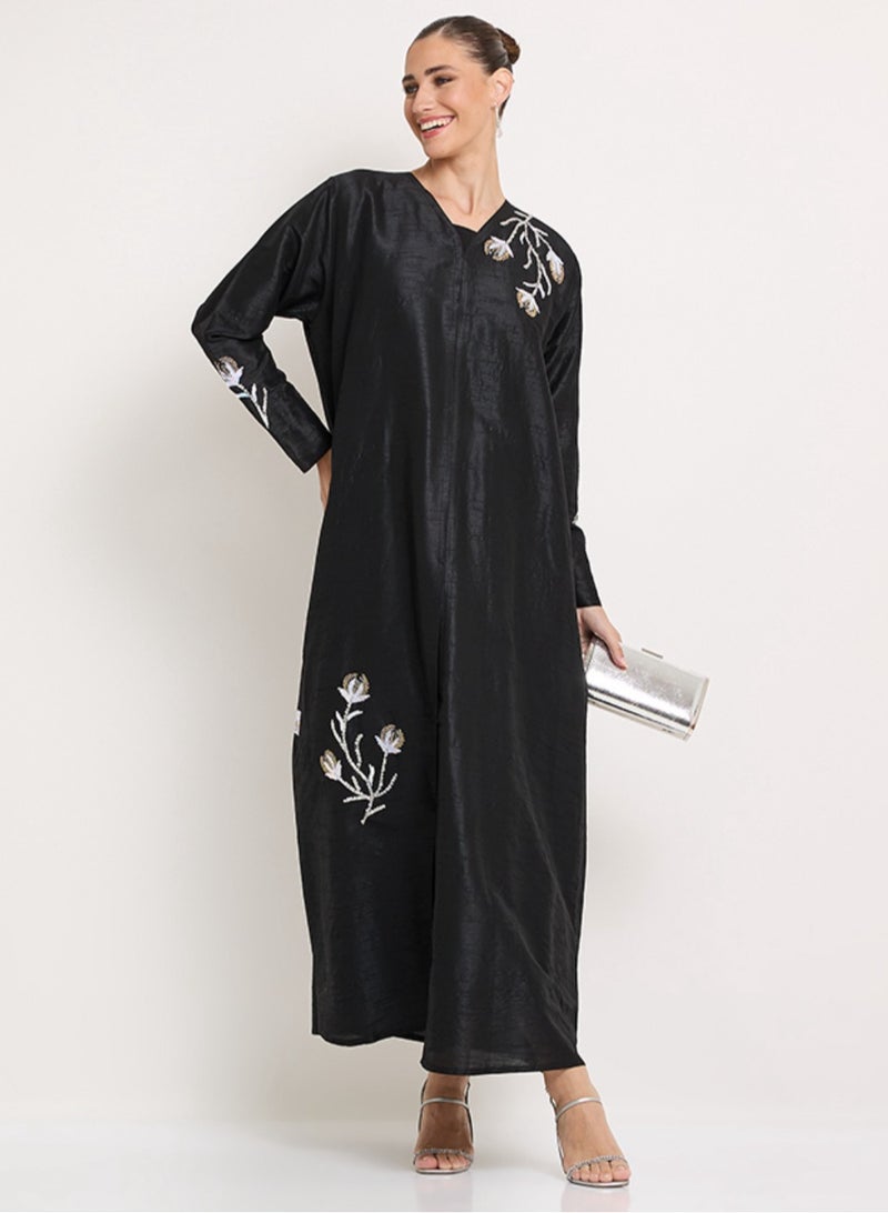 Black Abaya with tulip Flowers hand embroidery