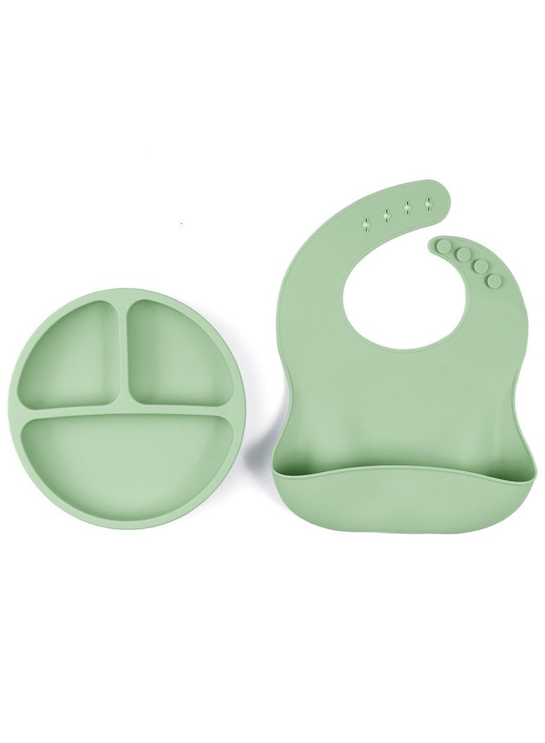 Children's Silicone Tableware Set Baby Food Tray Tableware (Tray + Saliva Pocket) Green Two-Piece Set